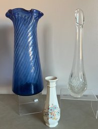 Fenton Clear Glass Vase, Hand Blown Blue Vase And FDT Vase