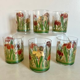 6-Vintage Culver Iris Flower Cinnabar Lowball Bar Glasses