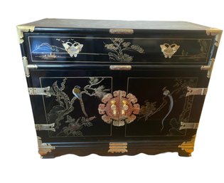 Black Lacquered And Brass Mounted Chinoiserie Decorated Side Cabinet