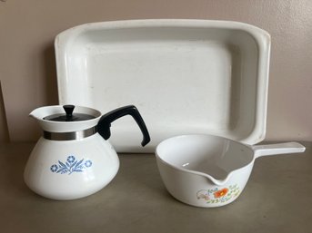 Corning Ware Tea Pot, Tray, And Pot