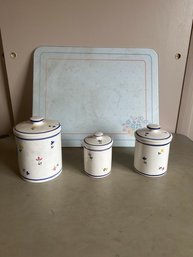 3 Ceramic Lidded Canisters And Glass Cutting Board