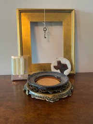 Gold Frame, Coaster, Brass Trivet, Key, Candles And Towle Candy Dish