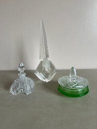 2-Vintage Hand Cut Crystal Clear Pagoda Perfume Bottle & Green And Clear Glass Trinket Box