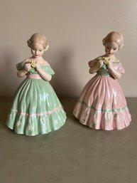 2 Ceramic Girls Pink And Green Dress