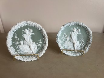 2- Schafer And Vater Green Small Decorative Plate Lady Cherub Floral Basket