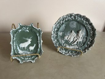 German Jasperware Wall Plate WW1 Military Scene & Antique Green Jasperware Elk Plaque