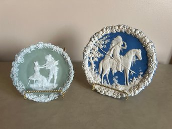 Schafer Vater Volkstedt German Green Bisque Relief Plaque & Jasper Ware Porcelain Decorative Plate