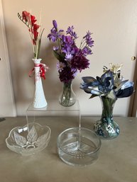 Faux Flowers In Vases, Cut Glass Divided Bowl And Flower Etched Bowl