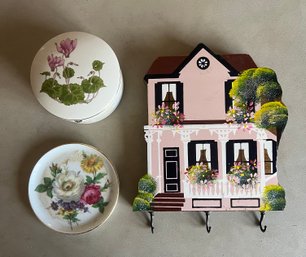 Furstenberg Porcelain Small Plate, Sbelias Brand House Wall Hooks, & Vintage Otagiri Japan Trinket Music Box