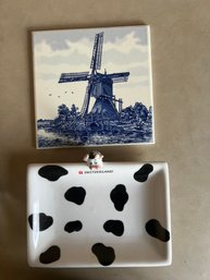 Melpa Blue Cow Trinket Dish, And  Belgium Blue And White Tile