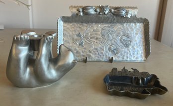 Restoration Hardware Bear Candle Holder, Rodney Kent Hammered Aluminum Tray, & NY Trinket Tray