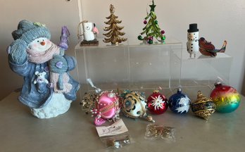 Resin Snowman, Vintage Glass Ornaments, Beaded  Satin Balls, Snowflake, Trees, Bird & Snowmen