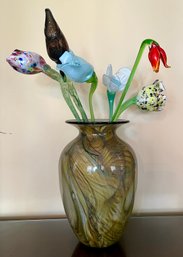 Murano Glass Flowers And Brown Hand Blown Swirl Vase