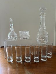 1 Cut Glass Decanter, Waterford Perfume Bottle, Coasters And 6 Cordial Glasses