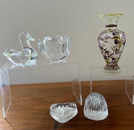 Baccarat Crystal Duck, Flower Candle Holder, Floral Glass Vase And Waterford Heart And 1/2 Egg Paper Weights