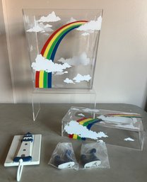 Rainbow Lucite Garbage Can/tissue Box, Lighthouse Hooks, And 2 Blue Hooks