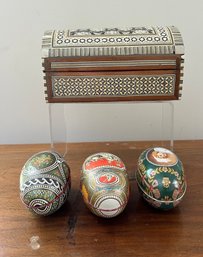 Faberge Tin Renaissance Eggs And Egyptian Jewelry Box Marquetry Wood Handmade Inlaid Mother Of Pearl Chest