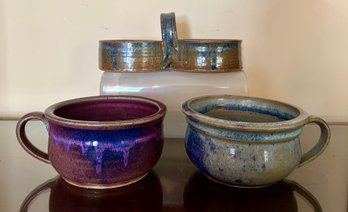 Studio Pottery Art: Mugs And Double Bowl