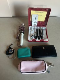 Curling Iron, Wallets And Makeup Bag