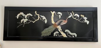 Vintage Black Lacquer Inlaid Mother Of Pearl Peacock Birds Wall Art