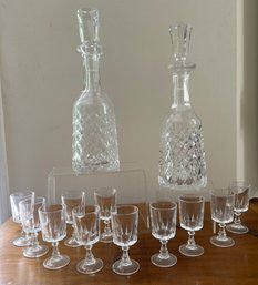 2 Crystal Decanters: Waterford And Crystal Cordial Glasses