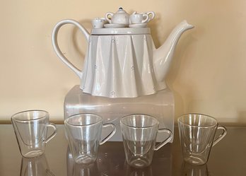 4- Double Wall Espresso Glass Cups And Teapot With Tea Set Motif