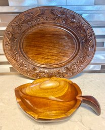 Mid Century Wood Leaf Bowl And Platter