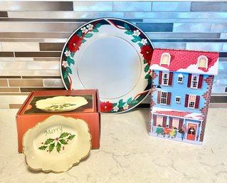 Tienshan Fine China Deck The Halls Plate, Christmas Tin, And Lenox Holiday Oval Fluted Dish  Merry