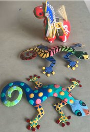 Metal Lizards Made In Haiti, & Vintage Chagu Chagu Umakko Bobble Head Japanese Festival Paper Mache Horse