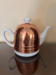 Vintage White Ceramic Teapot With Copper Warmer Cover