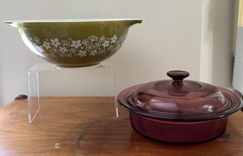 Visions USA Cranberry Cookware And Vintage Pyrex Nesting Mixing Bowl Spring Blossom Daisy Corning  Ware