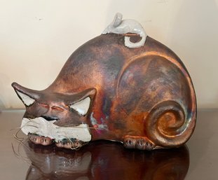 Signed Ceramic Goldish Sleeping Cat With Mouse On Back