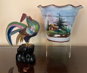 Chinese Cloisonn Rooster, And Vintage Italian Hand Painted Flower Pot Planter