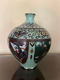 Contemporary Asian Vase Silver Rim Brown Multi Colored