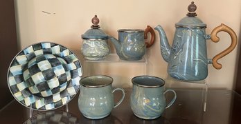 Camp Mackenzie Childs 1995 Vintage Enamelware: Creamer, Sugar, Tea Pot, Cups & Courtly Check Victoria & Richard