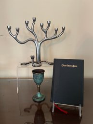 Sandra Kravitz Rosenthal Menorah, Israel Hakuli Green Brass Goblet And 2-Union Prayer Book