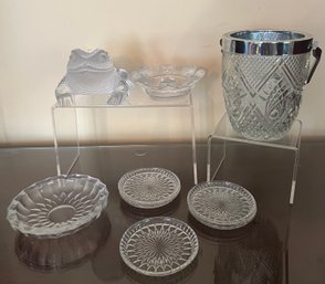 Lalique Ashtray/trinket Tray, Lalique Crystal Frog, Crystal Coasters, Ice Bucket, & Trinket Bowl