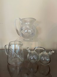 Tiffany And Co Etched Pitcher, Glass Pitcher With Glass Stirrers And Oil And Vinegar Bottle