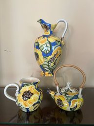 Signed Sunflower Pitcher, Tea Pot And Urn