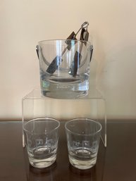 Glass Ice Bucket, Tongs And 2 Rocks Glasses