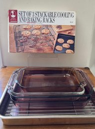 Cooling And Baking Racks, 2 Pyrex Purple Baking Trays, 2 Anchor Hocking And Aluminum Sheet Pan With Rack