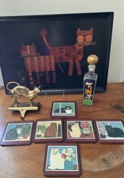 Cat Lovers Lot: Curaco Tray, Glass Bottle, Brass Stocking Holder, And Coasters