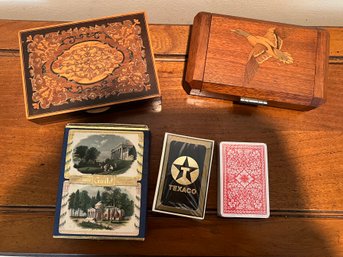 2- Wood Playing Card Holders And Unopened Decks Of Cards