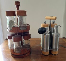 Mid Century ModernTeak Wood  Revolving Spice Rack, & Oil/vinegar Salt/Pepper Caddy