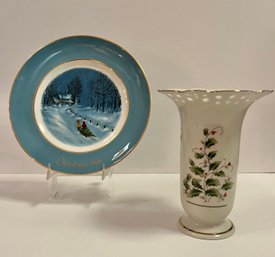 Enoch Wedgwood Avon 1976 Christmas Plate & Made In Japan Holly Vase