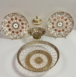 Mother Of Pearl & Brass Covered Trinket Dish, Colorful Brass Pedestal, Metal Wired Bowl And 2 Mosaic Plates