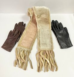 Two Pairs Of Leather & Cashmere Gloves  (black  & Brown) & Charter Club Faux Fur Scarf