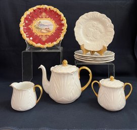 England Coalport Decorative Plate, 5-sarregumines, France Majolica Dessert Plates, Shelley Creamer/sugar/pot