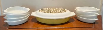 Vintage Pyrex 1.5 Quart Divided Casserole Baking Dish Olive Green And Pyrex Opal White Mini Casserole Dishes