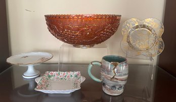 Iridescent Carnival Glass Fruit Bowl, Limoges Pedestal Tray, Maytime Bone China, Handmade Art Mug & More